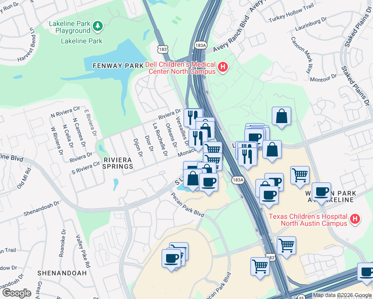 map of restaurants, bars, coffee shops, grocery stores, and more near 2501 Versailles Drive in Cedar Park