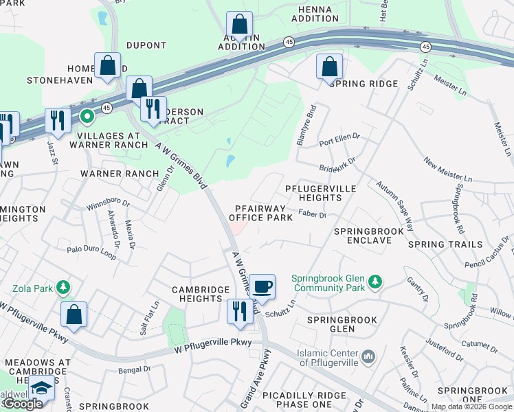 map of restaurants, bars, coffee shops, grocery stores, and more near 18621 Moreto Loop in Pflugerville