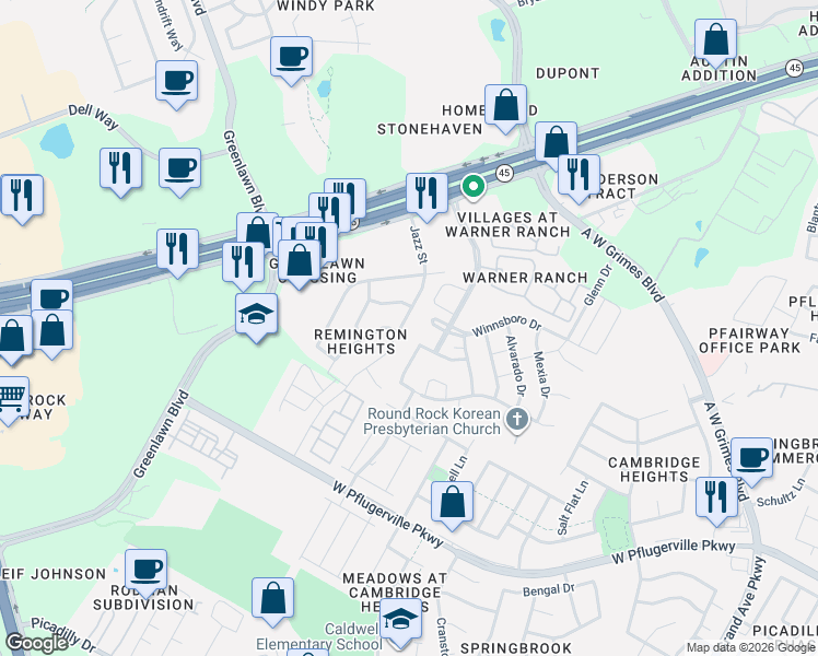 map of restaurants, bars, coffee shops, grocery stores, and more near 603 Winnsboro Cove in Round Rock