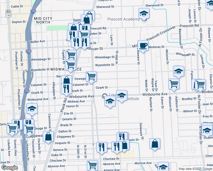map of restaurants, bars, coffee shops, grocery stores, and more near 3471 Ozark Street in Baton Rouge