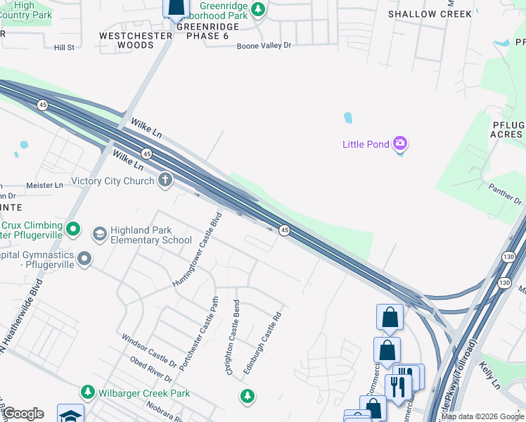 map of restaurants, bars, coffee shops, grocery stores, and more near Highway 45 in Pflugerville