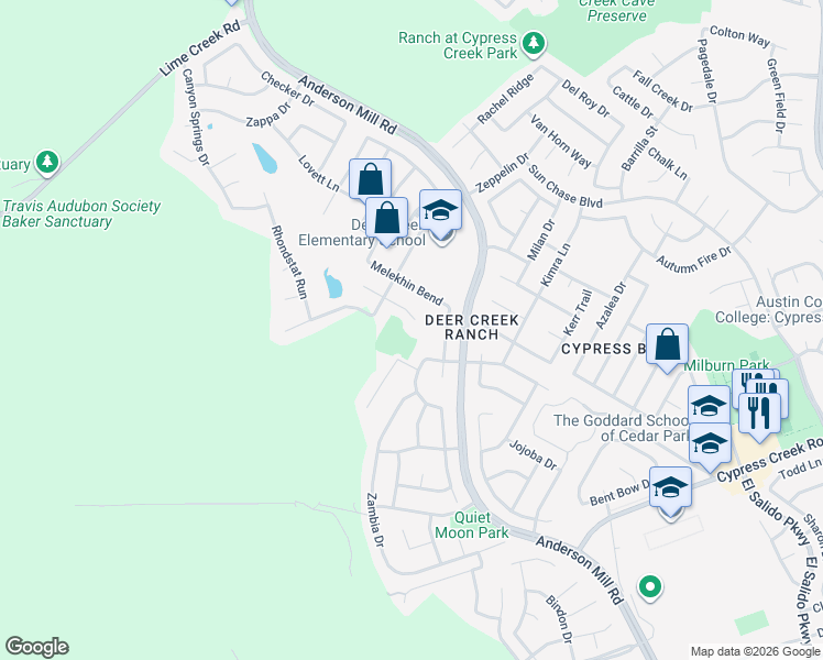 map of restaurants, bars, coffee shops, grocery stores, and more near 2504 Armatrading Drive in Cedar Park