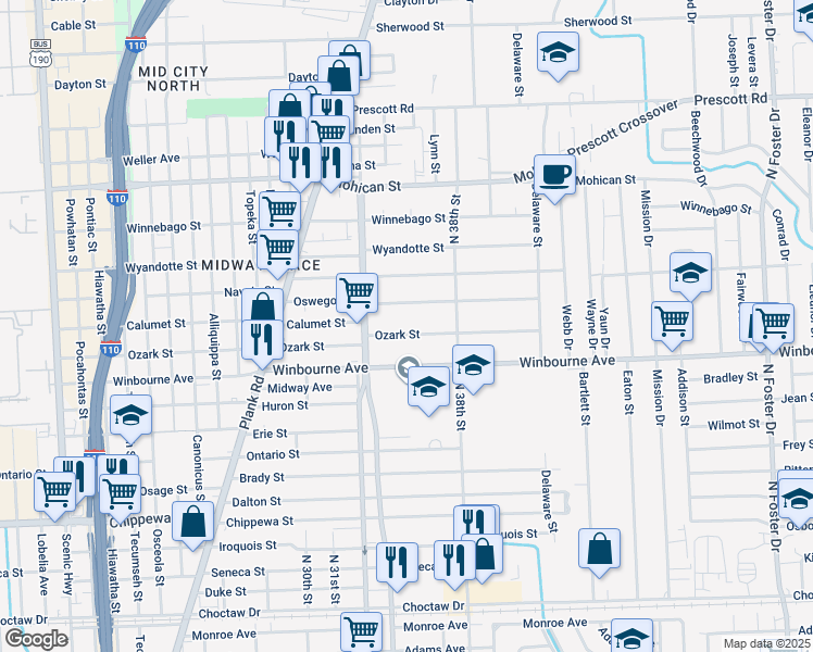 map of restaurants, bars, coffee shops, grocery stores, and more near 3471 Ozark Street in Baton Rouge