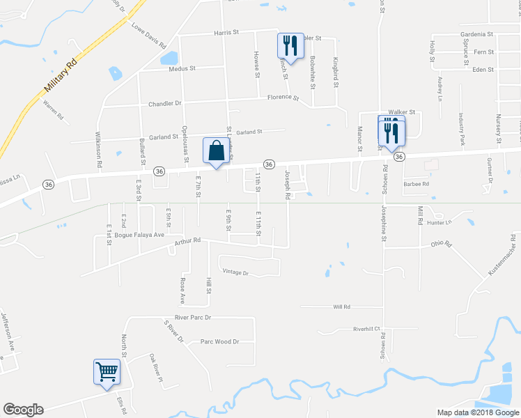 map of restaurants, bars, coffee shops, grocery stores, and more near 72188 East 11th Street in Covington