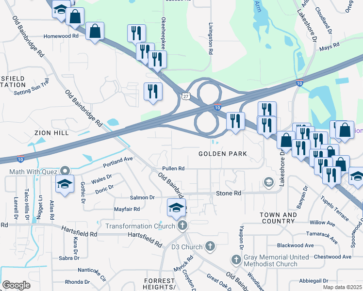 map of restaurants, bars, coffee shops, grocery stores, and more near 1540 Merry Oaks Court in Tallahassee