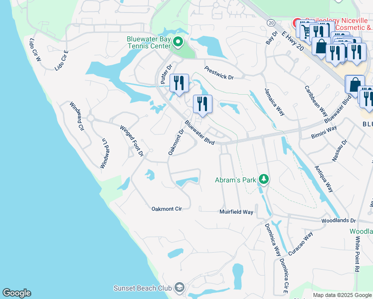 map of restaurants, bars, coffee shops, grocery stores, and more near 141 Gleneagles Drive in Niceville