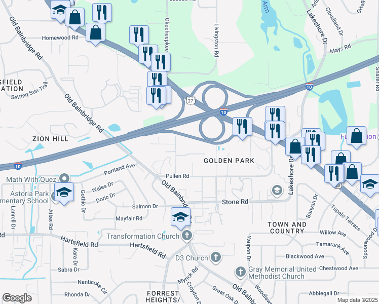 map of restaurants, bars, coffee shops, grocery stores, and more near 1524 Merry Oaks Court in Tallahassee