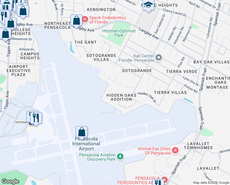 map of restaurants, bars, coffee shops, grocery stores, and more near 5150 Yesteroaks Circle in Pensacola