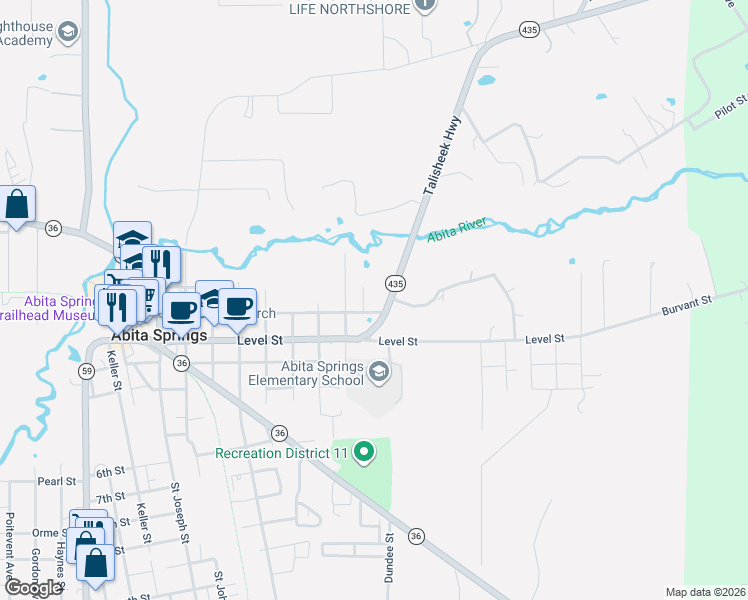 map of restaurants, bars, coffee shops, grocery stores, and more near 22444 Louisiana 435 in Abita Springs