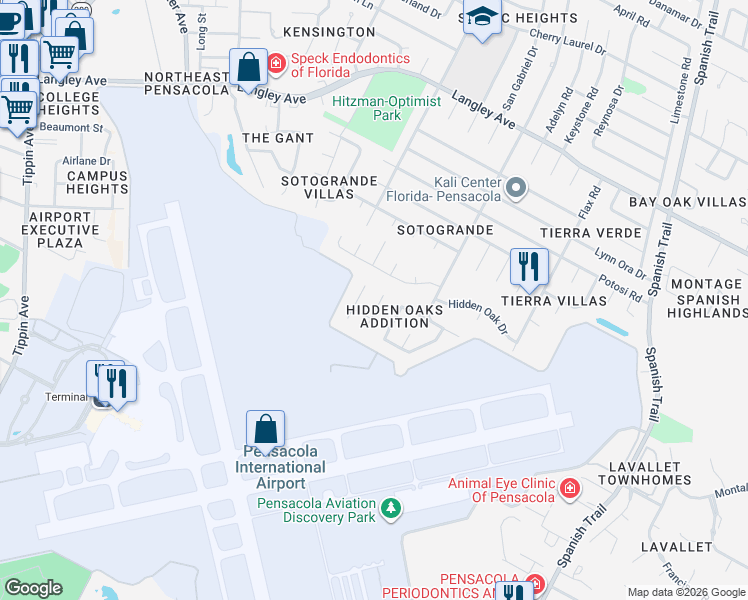 map of restaurants, bars, coffee shops, grocery stores, and more near 5150 Yesteroaks Circle in Pensacola