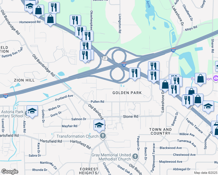 map of restaurants, bars, coffee shops, grocery stores, and more near 1524 Merry Oaks Court in Tallahassee