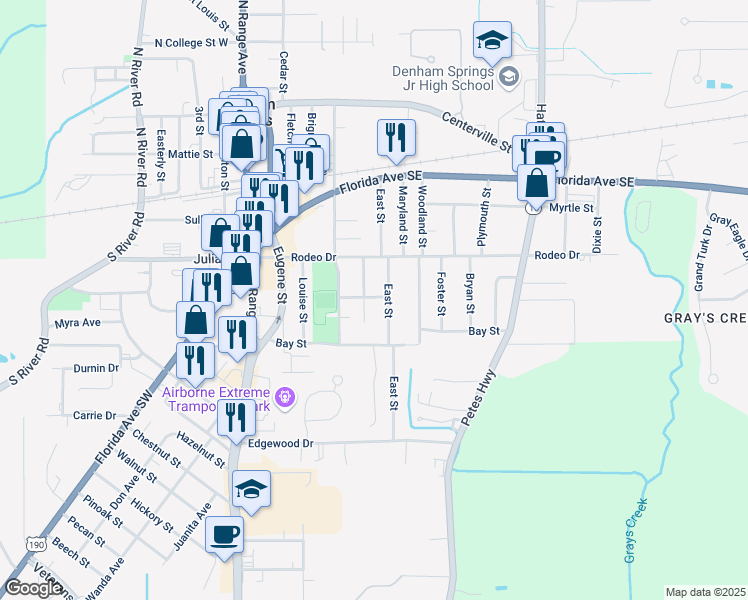 map of restaurants, bars, coffee shops, grocery stores, and more near 426 Cross Street in Denham Springs