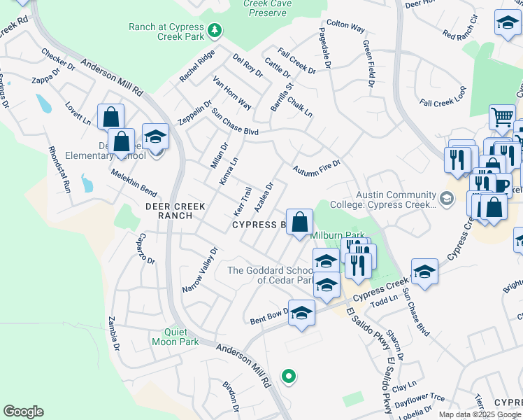 map of restaurants, bars, coffee shops, grocery stores, and more near 1700 Azalea Drive in Cedar Park
