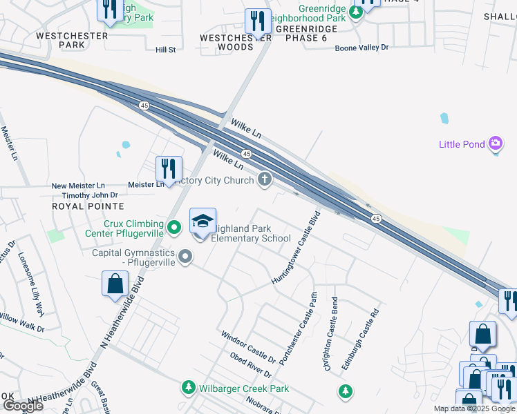 map of restaurants, bars, coffee shops, grocery stores, and more near 19024 Alnwick Castle Dr in Pflugerville