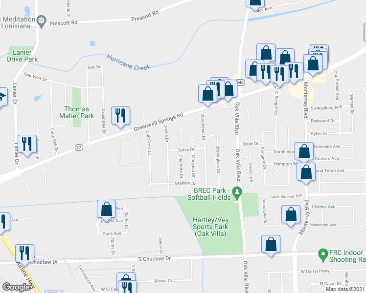 map of restaurants, bars, coffee shops, grocery stores, and more near 8835 Syble Drive in Baton Rouge