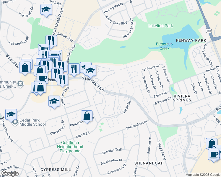 map of restaurants, bars, coffee shops, grocery stores, and more near 2200 South Lakeline Boulevard in Cedar Park