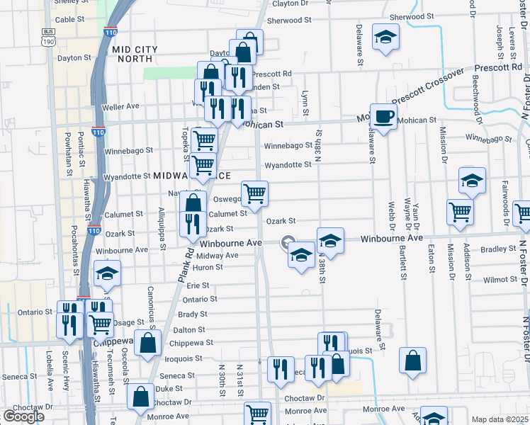 map of restaurants, bars, coffee shops, grocery stores, and more near 3450 North Acadian Thruway in Baton Rouge