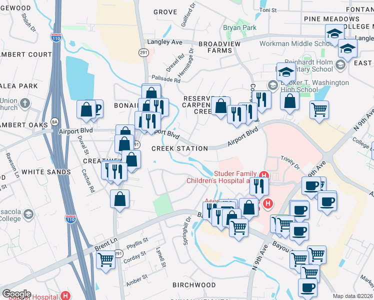 map of restaurants, bars, coffee shops, grocery stores, and more near 5855 Creek Station Drive in Pensacola