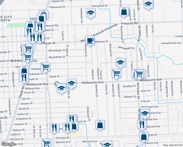 map of restaurants, bars, coffee shops, grocery stores, and more near 3411 Webb Drive in Baton Rouge