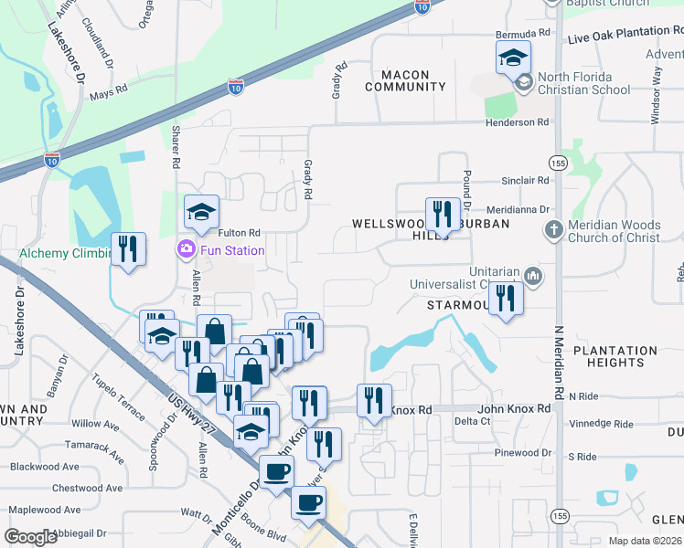 map of restaurants, bars, coffee shops, grocery stores, and more near 316 Talwood Drive in Tallahassee