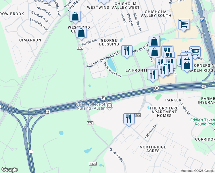 map of restaurants, bars, coffee shops, grocery stores, and more near 1220 Texas 45 in Round Rock