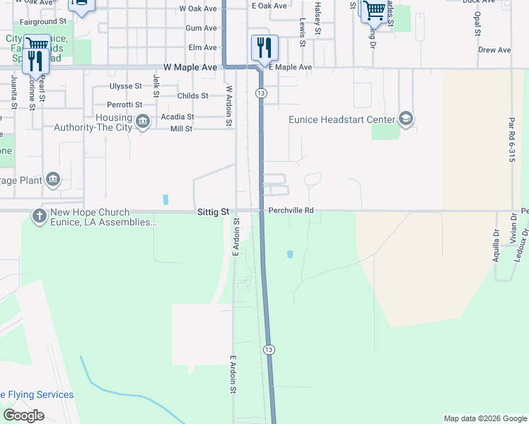 map of restaurants, bars, coffee shops, grocery stores, and more near 1072-1126 Perchville Road in Eunice