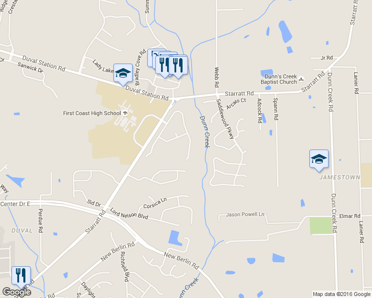 map of restaurants, bars, coffee shops, grocery stores, and more near 13442 Ashford Wood Court East in Jacksonville