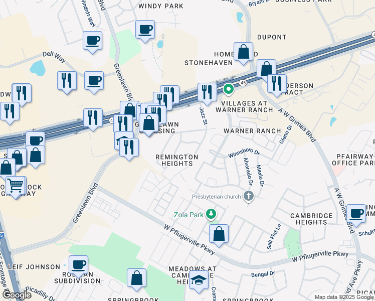 map of restaurants, bars, coffee shops, grocery stores, and more near 1702 Zydeco Drive in Round Rock