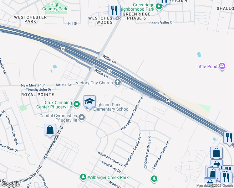 map of restaurants, bars, coffee shops, grocery stores, and more near 19024 Alnwick Castle Drive in Pflugerville