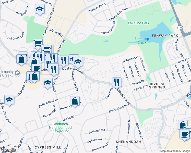 map of restaurants, bars, coffee shops, grocery stores, and more near 2200 South Lakeline Boulevard in Cedar Park