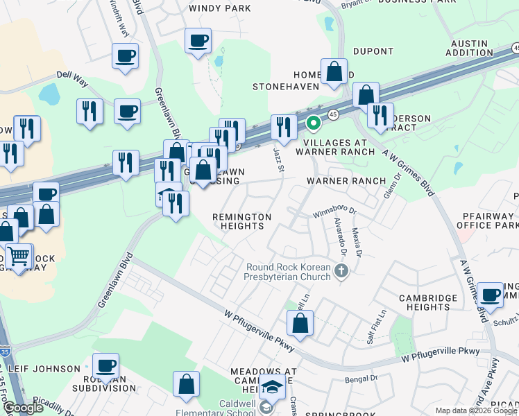 map of restaurants, bars, coffee shops, grocery stores, and more near 1700 Zydeco Drive in Round Rock