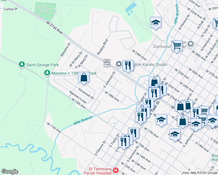 map of restaurants, bars, coffee shops, grocery stores, and more near 1313 West 19th Avenue in Covington