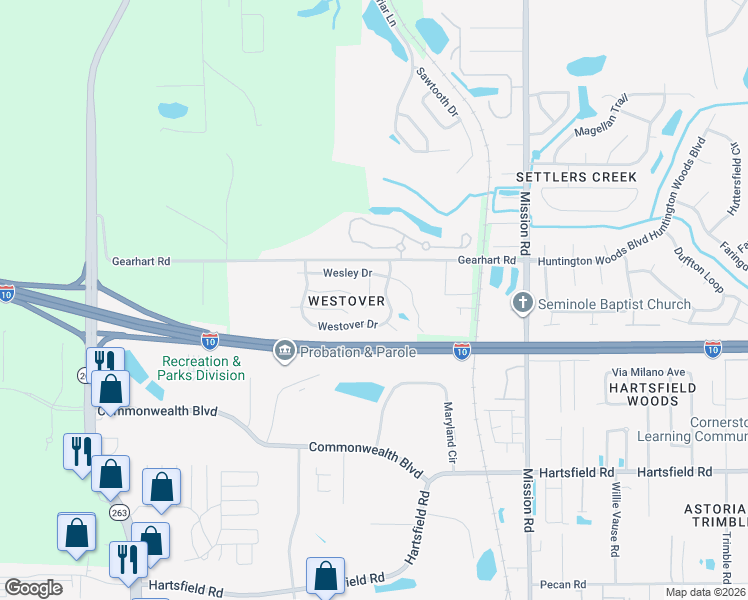 map of restaurants, bars, coffee shops, grocery stores, and more near 2111 Wesley Court in Tallahassee