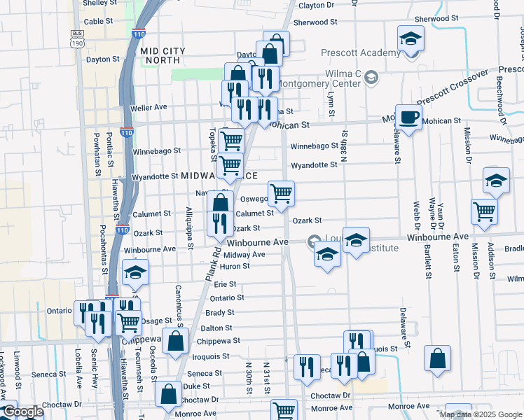 map of restaurants, bars, coffee shops, grocery stores, and more near 3149 Calumet Street in Baton Rouge