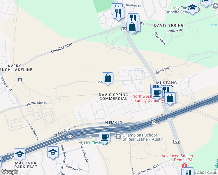 map of restaurants, bars, coffee shops, grocery stores, and more near 9825 Spectrum Drive in Austin