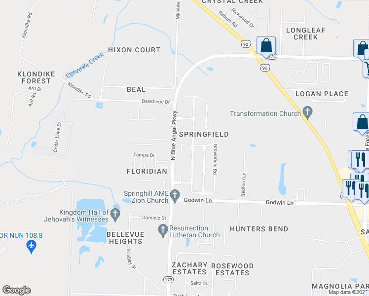 map of restaurants, bars, coffee shops, grocery stores, and more near 323 Loveland Circle in Pensacola