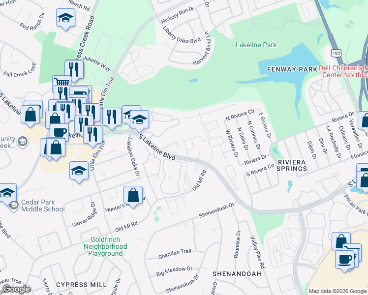 map of restaurants, bars, coffee shops, grocery stores, and more near 2214 South Lakeline Boulevard in Cedar Park
