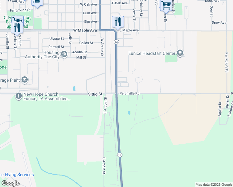 map of restaurants, bars, coffee shops, grocery stores, and more near 1072 Perchville Road in Eunice