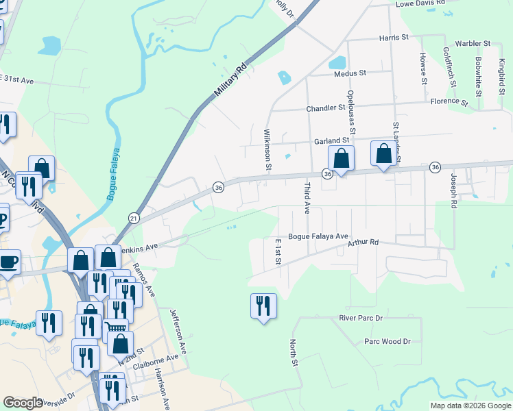 map of restaurants, bars, coffee shops, grocery stores, and more near 72182 Formosa Drive in Covington