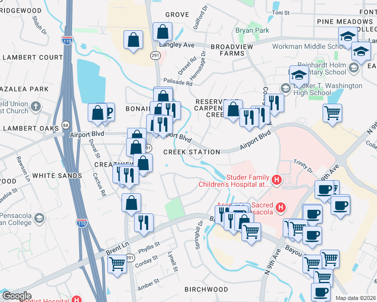 map of restaurants, bars, coffee shops, grocery stores, and more near 5855 Creek Station Drive in Pensacola
