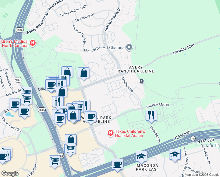 map of restaurants, bars, coffee shops, grocery stores, and more near 13800 Lyndhurst Street in Austin