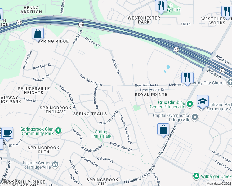 map of restaurants, bars, coffee shops, grocery stores, and more near 901 New Meister Lane in Pflugerville