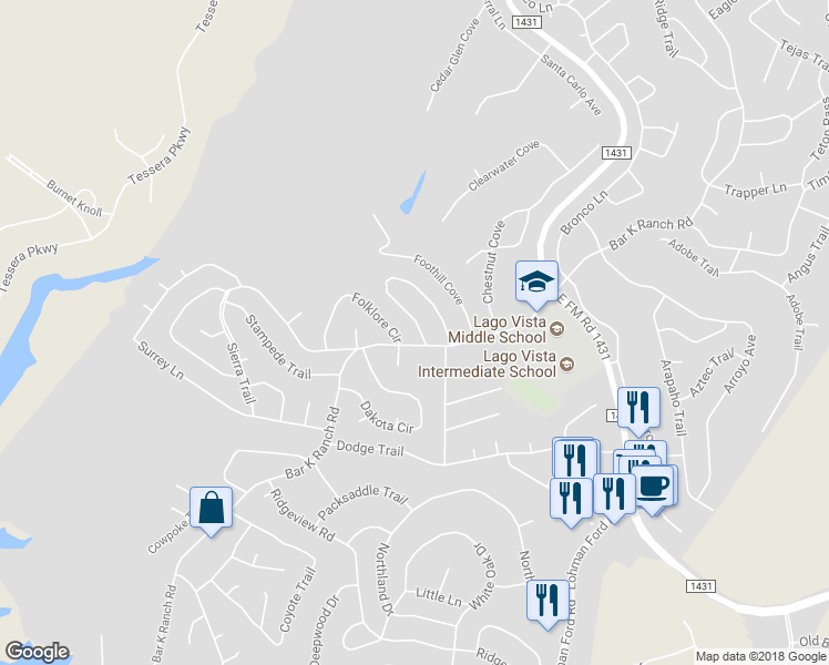 map of restaurants, bars, coffee shops, grocery stores, and more near 8043 Flintlock Circle in Lago Vista