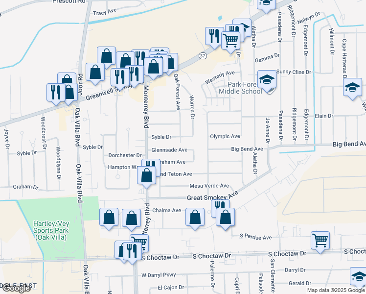 map of restaurants, bars, coffee shops, grocery stores, and more near 9623 Glennsade Avenue in Baton Rouge
