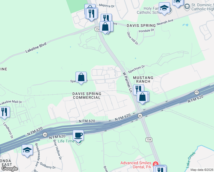 map of restaurants, bars, coffee shops, grocery stores, and more near 9701 Spectrum Drive in Austin