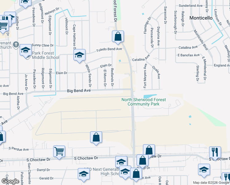 map of restaurants, bars, coffee shops, grocery stores, and more near 11120 Big Bend Avenue in Baton Rouge