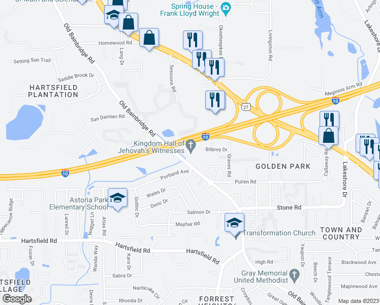 map of restaurants, bars, coffee shops, grocery stores, and more near 2641 Old Bainbridge Road in Tallahassee