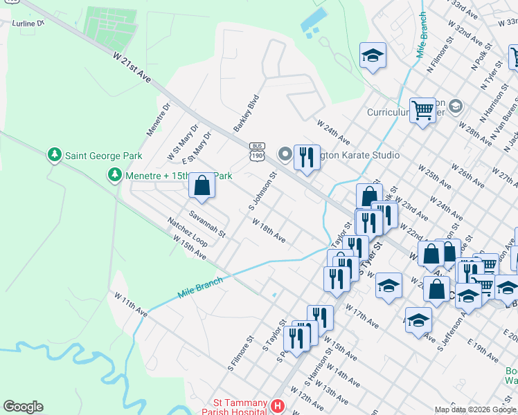 map of restaurants, bars, coffee shops, grocery stores, and more near 1313 West 19th Avenue in Covington