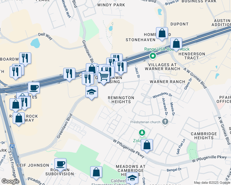 map of restaurants, bars, coffee shops, grocery stores, and more near 1431 Thibodeaux Drive in Round Rock