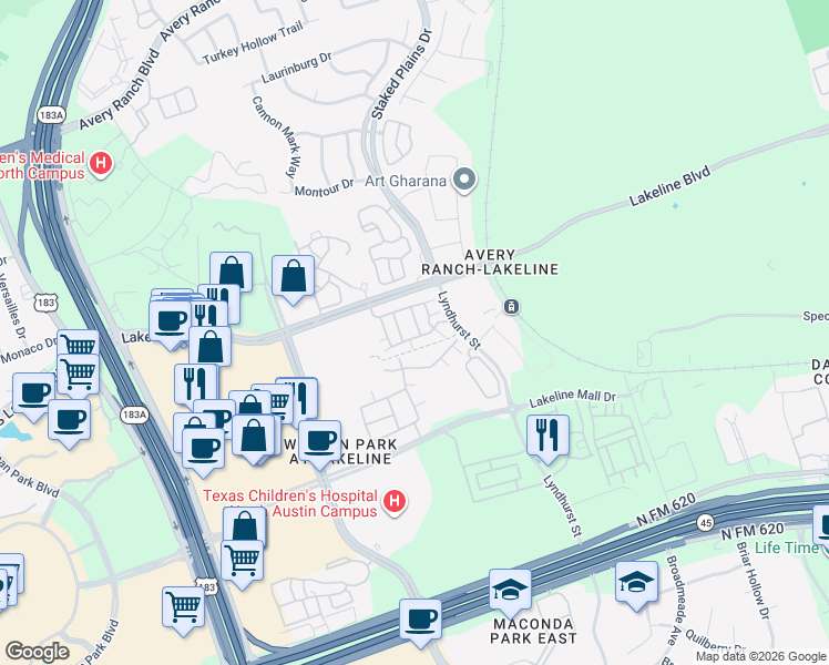 map of restaurants, bars, coffee shops, grocery stores, and more near 13800 Lyndhurst Street in Austin